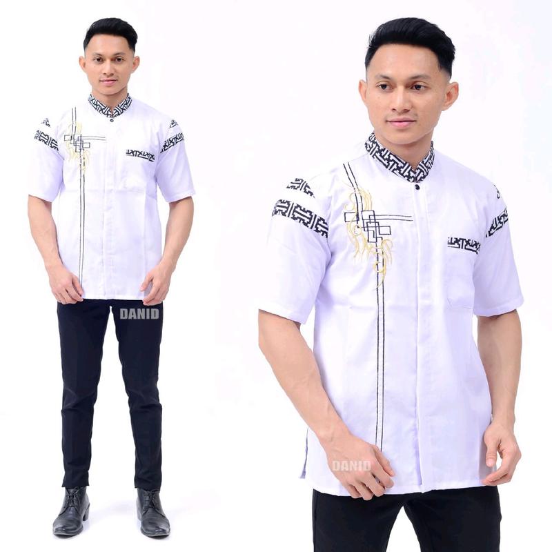 BAJU KOKO PRIA BORDIR PUTIH LENGAN PENDEK TERBARU TH 2023 Katun muslim formal muda dewasa Motif Kurta 9