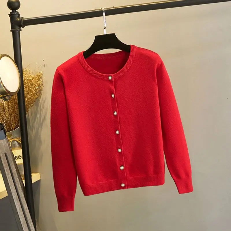 Short Coat Women's Knitted Cardigan Pearl Hot Mom plus Size Red Spring and Autumn Lightweight Sweater Elegant Knitwear Top