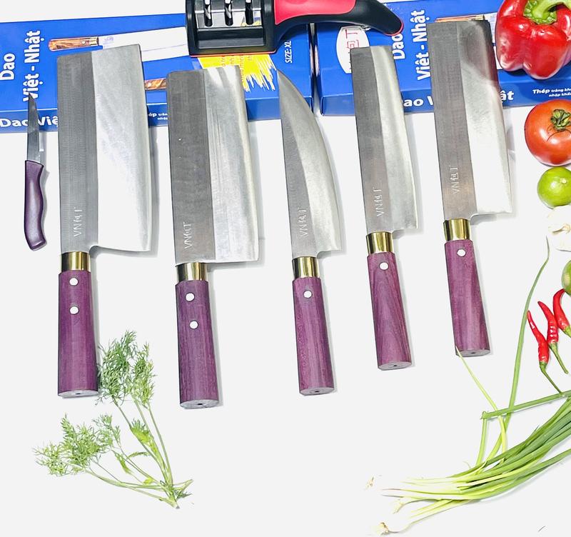 combo 5 dao nhà bếp thép trắng chống rỉ cán gỗ cẩm tím 5