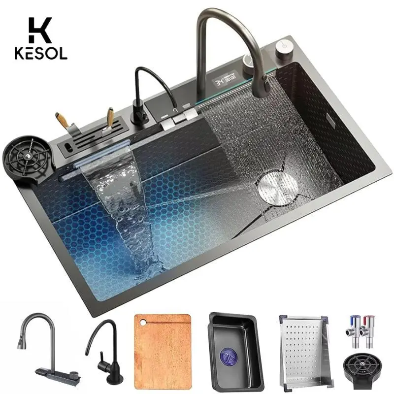 KESOL New Kitchen Sink Piano Keys Black Waterfall Rainfall Single Bowl Stainless Steel Bottom Nano Kitchen Sink Set