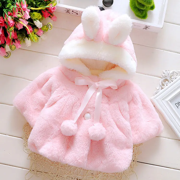 Áo khoác lông tai thỏ có mũ trùm ấm cho bé gái 0