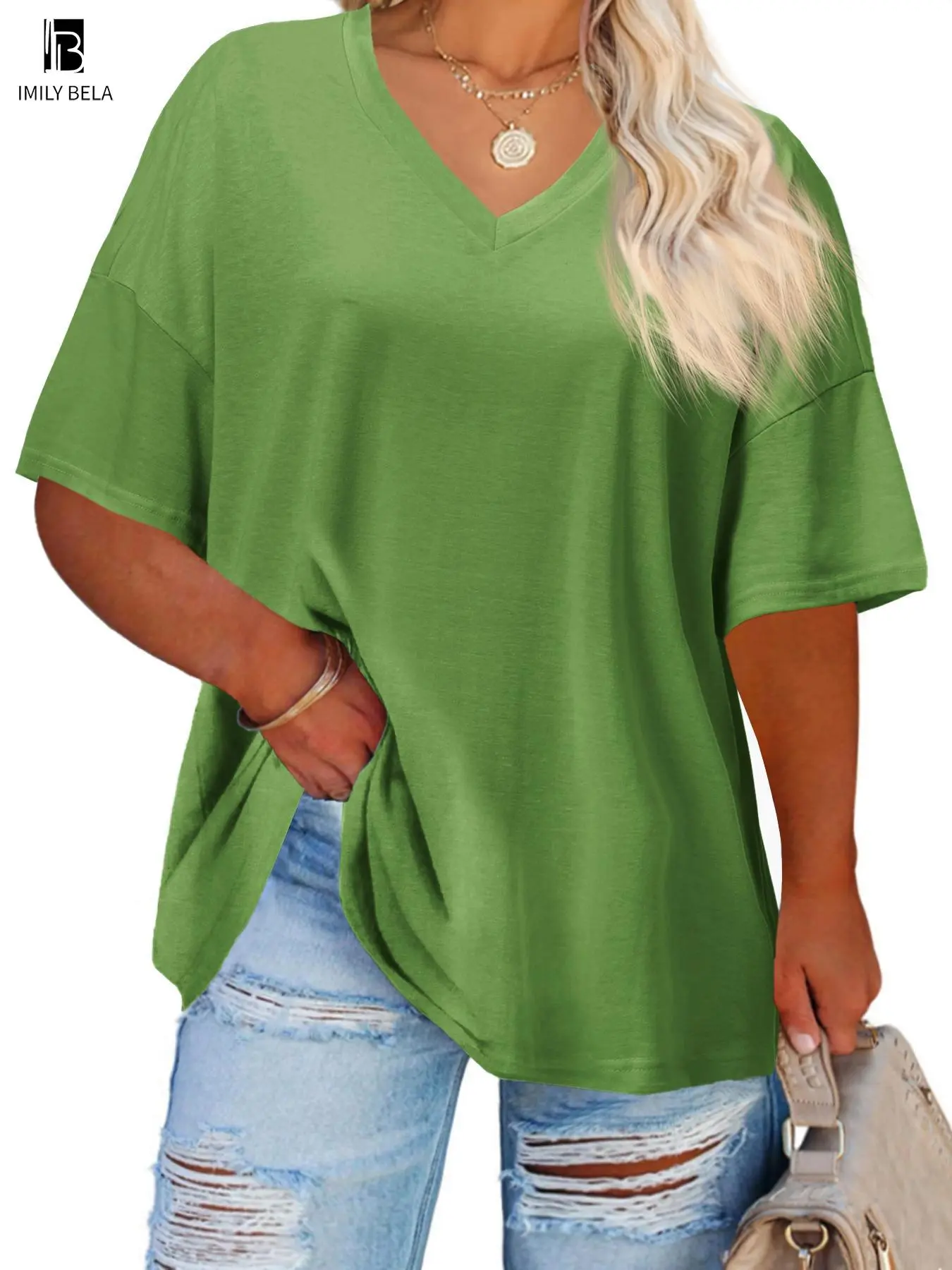 【Plus Size】 Solid V Neck Tee, Casual Half Sleeve T-shirt for Summer, Women's Plus Clothing for Daily Wear, Top