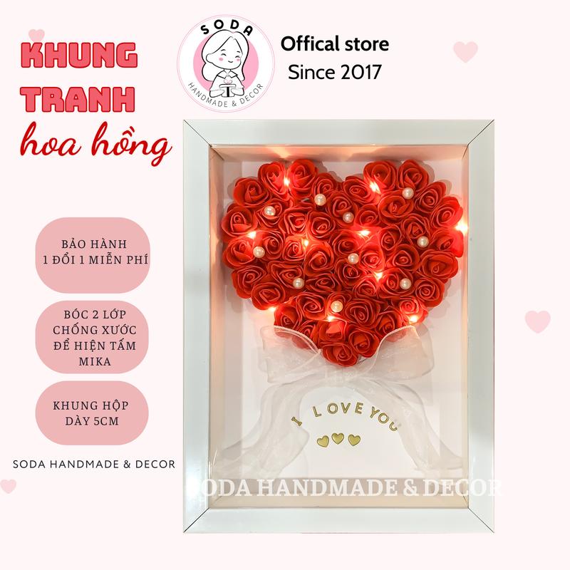 KHUNG ẢNH HOA HỒNG HANDMADE TRÁI TIM ĐÍNH NƠ NGỌC SODA HANDMADE