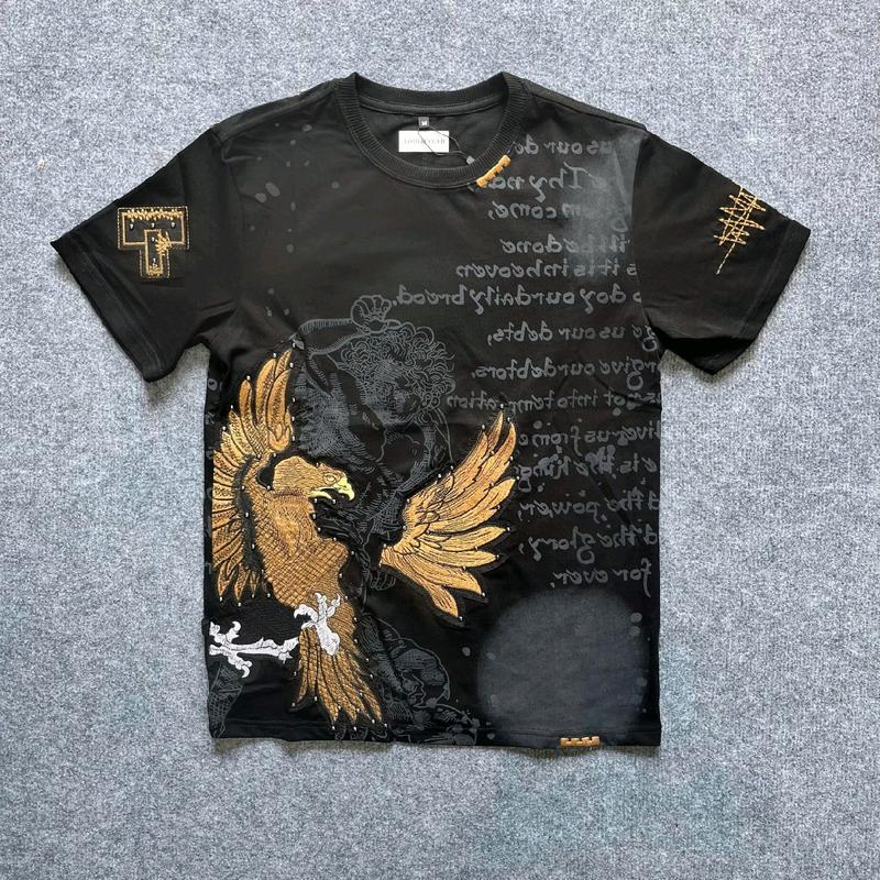 Áo thun nam thêu đại bàng nâu, chất liệu cotton thoáng mát, màu đen - Menswear Cổ Tròn Nam áo  thun Kem