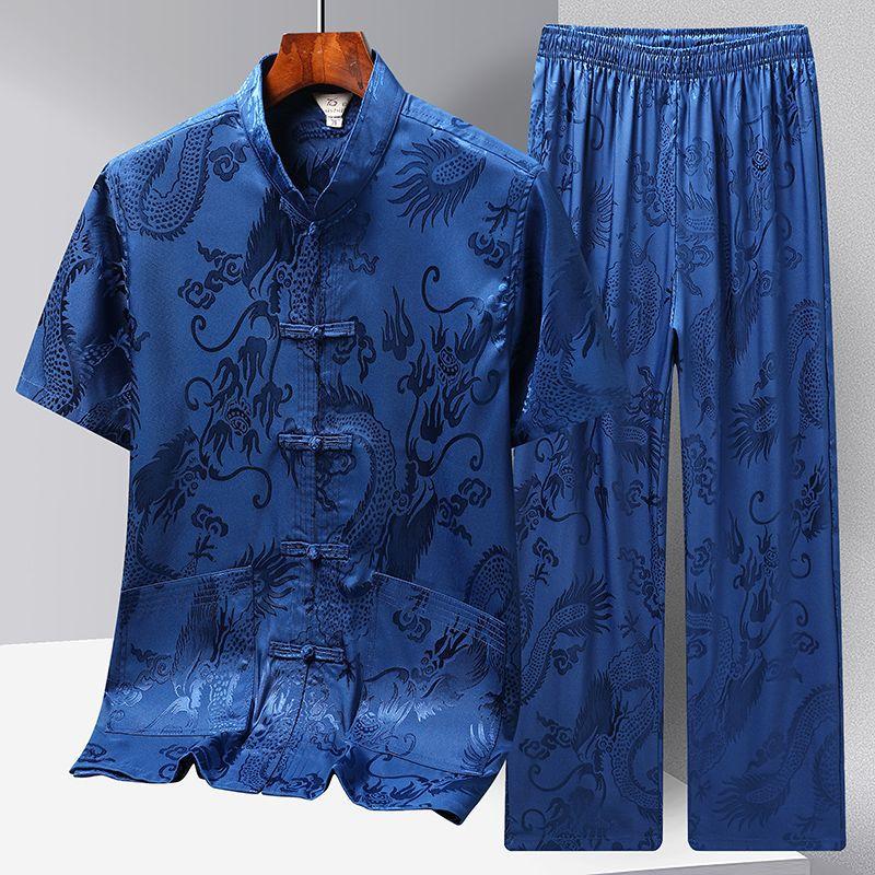 Sut Tang Lelaki, Pakaian Baju Lengan Pendek Sutera Ais, Gaya Hanfu Cina Baru Pertengahan Umur dan Warga Emas, Sesuai untuk Senaman Pagi dan Tai Ji, Sut Musim Panas 8