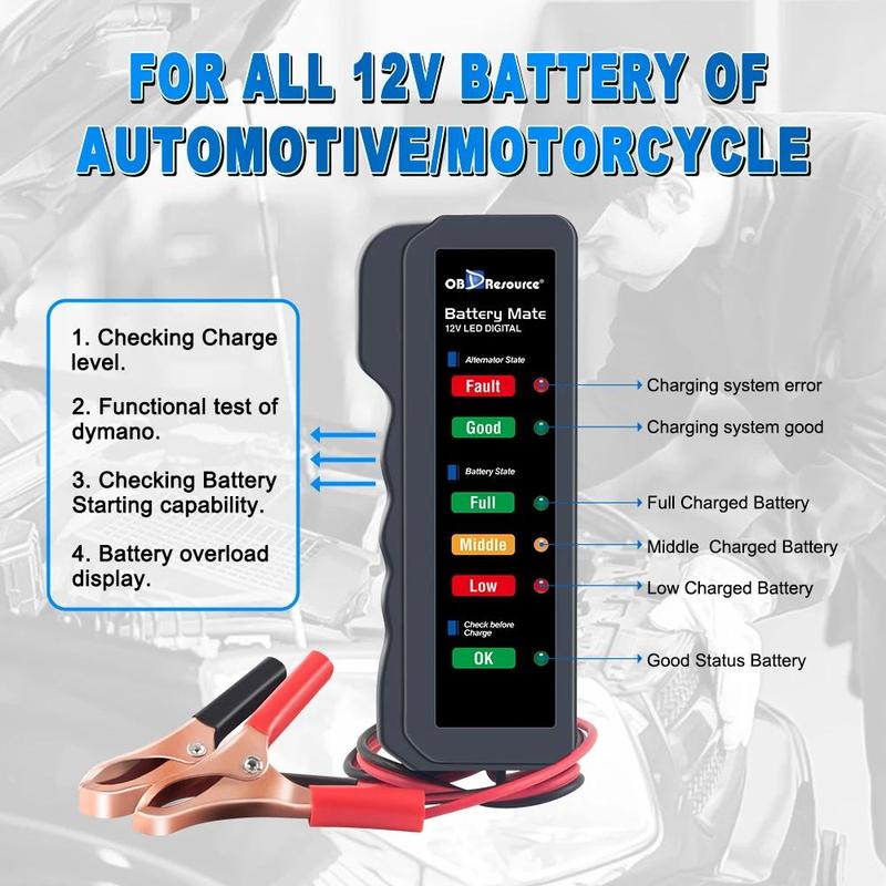 Product Introduction of Car Battery Tester 12V for Car Motorcycle BM310 6 LED Display Automotive Battery Alternator Tester Scanner Car Diagnostic Tool 30