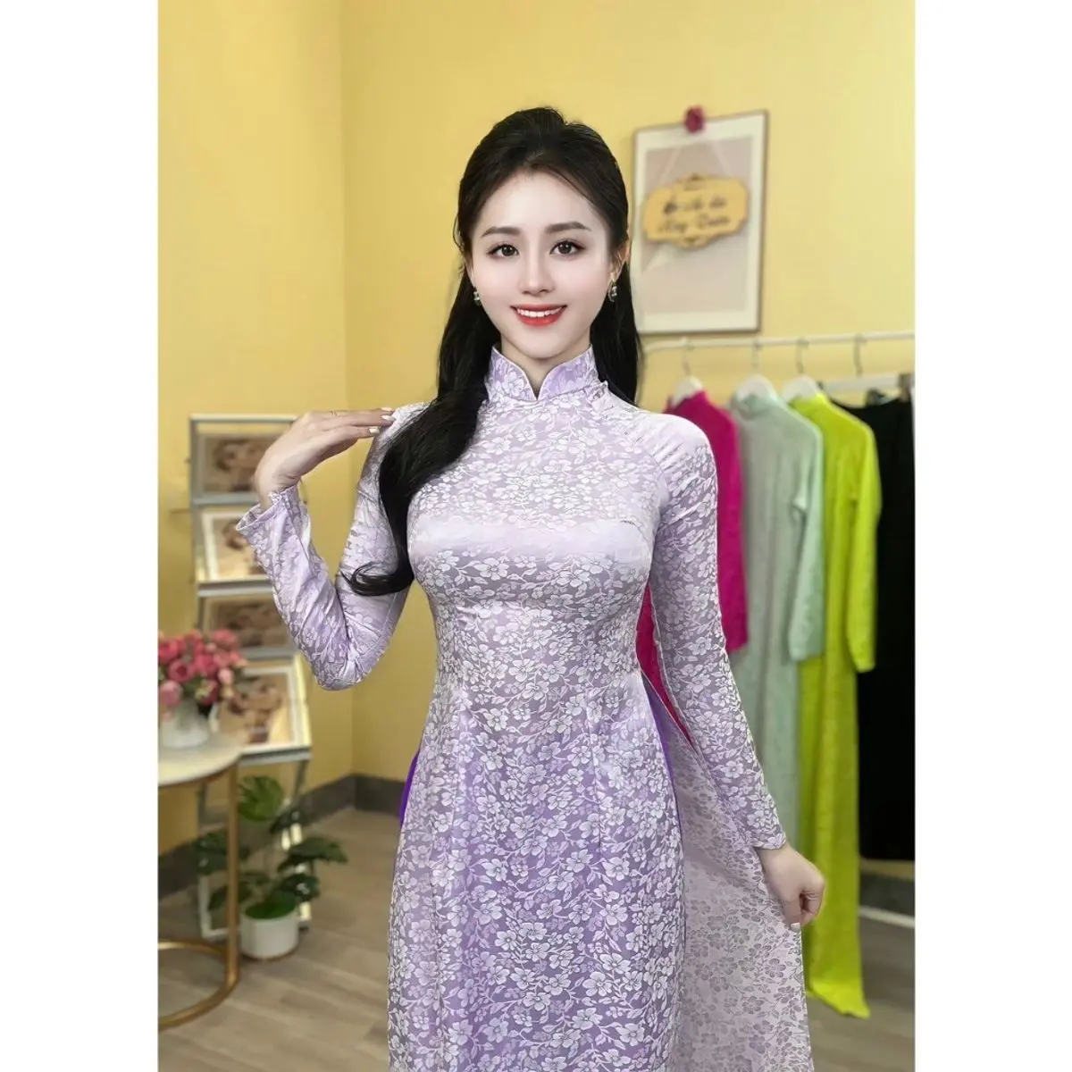 Áo Dài Gấm Nữ Lụa Thái Tuấn Màu Tím Khoai Môn Tay Dài Cổ 3 Phân