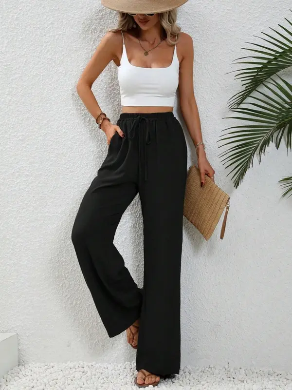 Women's Plain Pocket Tie Front Elastic Waist Straight Leg Pants, Casual High Waist Wide Leg Trousers for Daily Wear, Ladies Bottoms for All Seasons, Baggy Pants 1