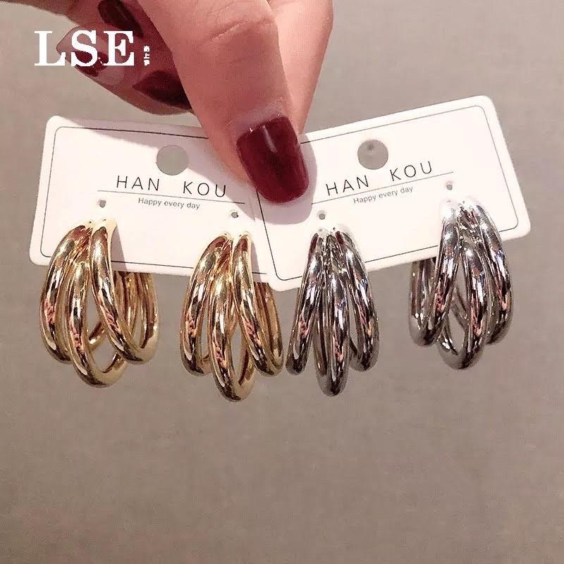 bông tai 3 vòng tròn sang chảnh, khuyên tai hàn quốc