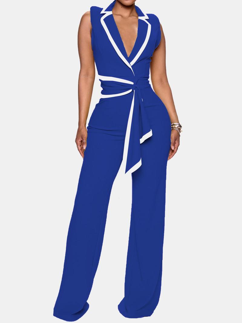 Product Introduction of Women's Contrast Binding Belted Wrap Flare Leg Jumpsuit, Summer Clothes Women, Modern Style One Piece Lapel Neck Jumpsuit for Summer, Jumpsuit for Women, Ladies Summer Clothes for Business Office, Jumpsuitwome 5