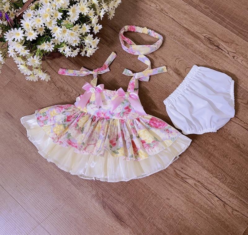 Sét Váy Hoa LoliTa Kèm Quần Chíp Và Tuban Cho Bé Gái 5-12kg Mặc Đầy Tháng Áo