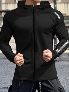 Men's Regular Fit Letter Print Zip Up Hooded Jacket, Casual Breathable Long Sleeve Zip Front Outerwear for Gym Workout Running, Fashion Men's Clothes for All Seasons