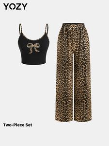 YOZY Women's Bow Print Crop Cami Top & Leopard Print Pants Two-Piece Set, Y2K Fashion Casual Spaghetti Strap Crop Top & Wide Leg Pants for Daily Outdoor Wear, Ladies Clothes for All Seasons