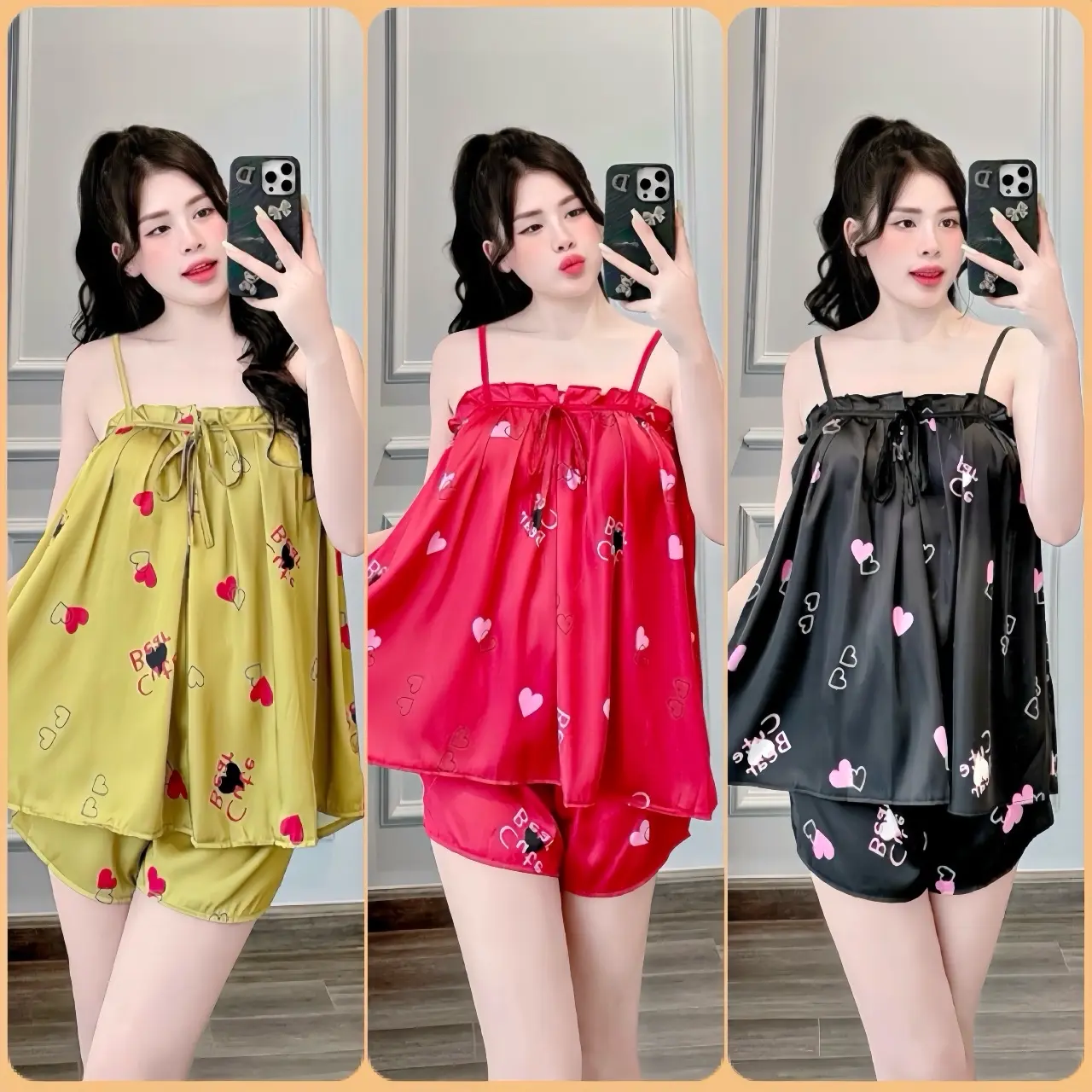 Từ 40-64 Ký; Bộ Ngủ 2 Dây Áo Xếp Ly Buộc Nơ Quần Đùi Lụa Latin Tơ Tằm Cao Cấp Nữ