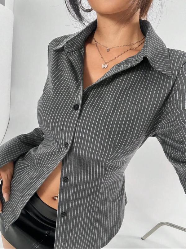 Women's Striped Print Button Front Split Sleeve Shirt, Elegant Curved Hem Long Sleeve Collared Top for Spring & Fall, Clothes for Women, Ladies Clothes for Daily Wear, Clothes for Women, Womenswear 2