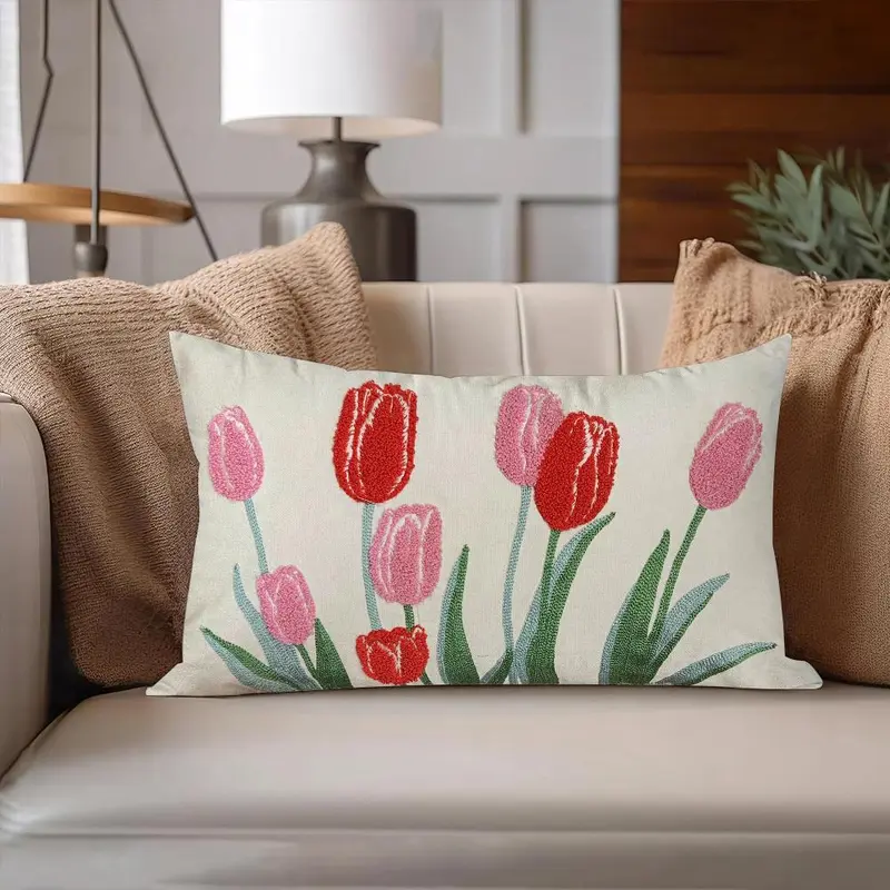 Tulip Pattern Cushion Cover, 1 Count Square Throw Pillow Cover without Filler, Household Decoration Supplies for Home Living Room Bedroom 6