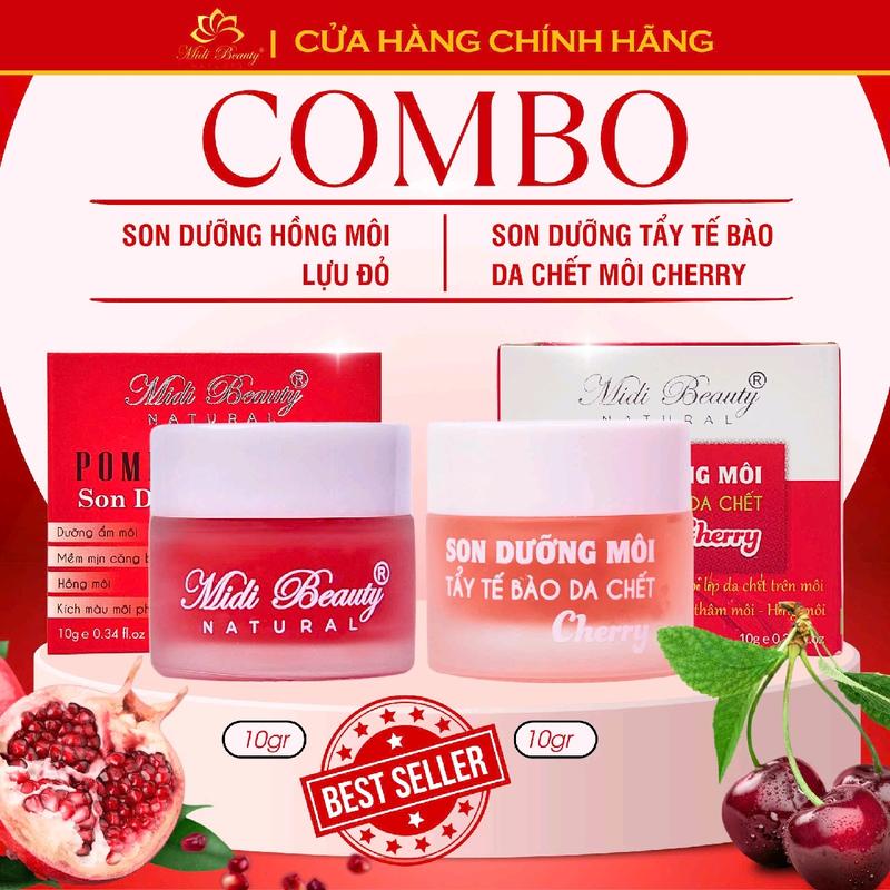[Tặng Cây Cọ+3 Mask] Son Dưỡng Hồng Môi Lựu Đỏ 10gr và Son Dưỡng Tẩy Da Chết Môi Cherry 10gr Midi Beauty Natural:Dưỡng môi mềm mại,hồng môi. Hỗ trợ mờ thâm môi hiệu quả [02 Son Lựu Đỏ Tặng 01 Son Tẩy Da Chết Cherry 10gr+Kèm Muỗng+Thẻ Bảo Hành] Cho Bé