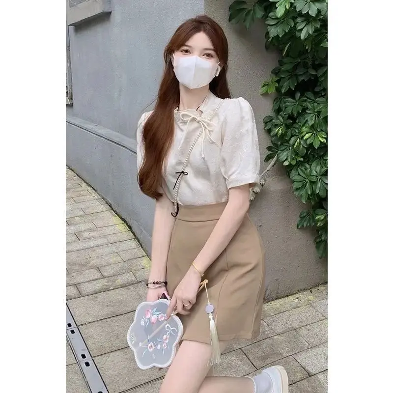 Chinese style women's Hong Kong style suit, women's new Chinese style qipao top, high waisted split half skirt, two-piece set