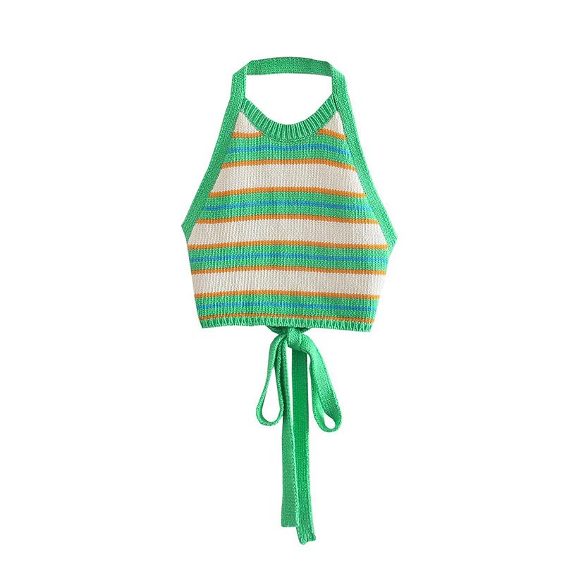 Women Sexy Backless Vest, Stripe Pattern Halter Neck Crop Tops 0