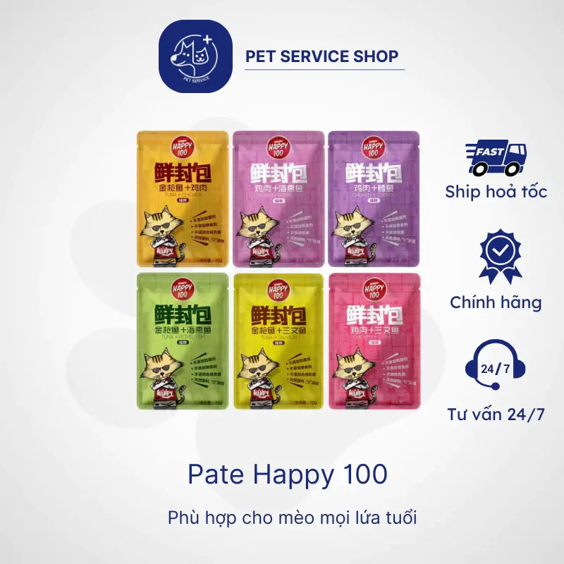 Pate Happy100 cho mèo nhiều hương vị thơm ngon gói 70g