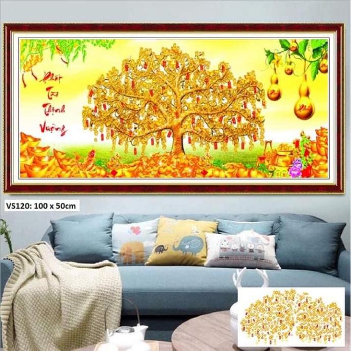  Tranh đính đá cây tiền vàng KT:100x50cm,tranh chưa đính và chưa khung 