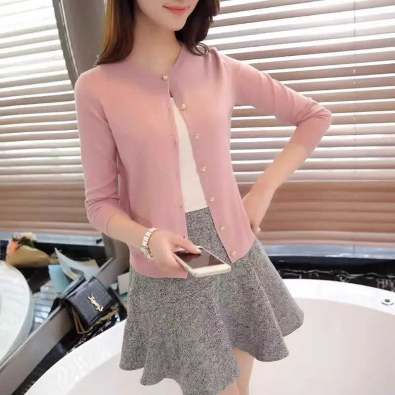 Áo Cardigan Dệt Kim, Khóa Ngọc Trai, Dành Cho Nữ, Cỡ Nhỏ Có Thể Mặc Ngoài Trời, Chất Liệu Len, Dài Ngắn, Thích Hợp Cho Mùa Xuân Và Mùa Thu, Màu Trơn Áo Khoác Len 3