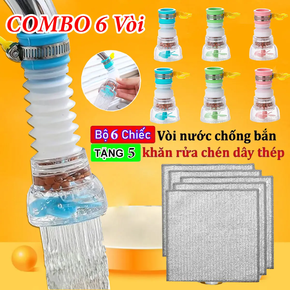 [ Combo 6 Vòi Tặng 5 Giẻ Rửa Bát ] Đầu Vòi Chống Bắn Nước Có Bộ Lọc Xoay 360 Độ Và Kéo Dài 12 cm Cho Phòng Bếp - Nhựa ABS/PVC
