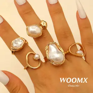 [Woomx] Aksesoris Cincin Terbuka Dapat Disesuaikan Mutiara Bunga Tidak Biasa untuk Gaya Retro Wanita A497