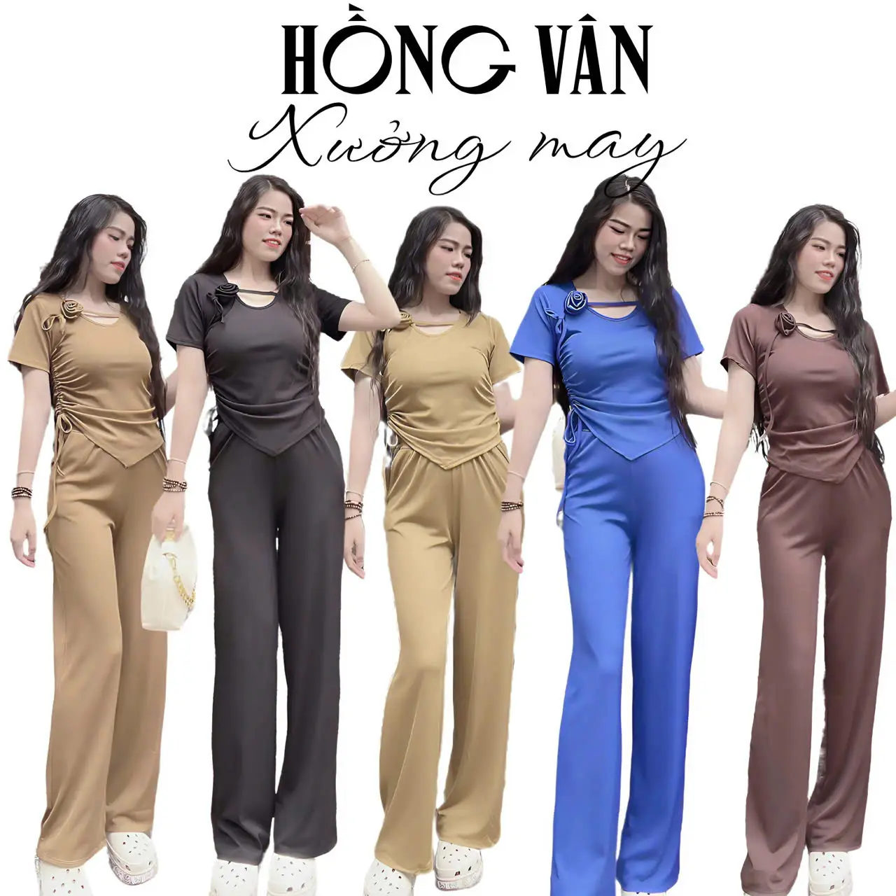 S9 Set bộ thun áo may hoa quần suông dài 97cm Hồng Vân