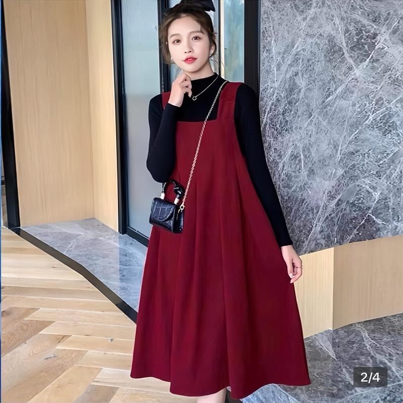 G26 Set Váy bầu đầm bầu Thu Đông set gồm yếm và áo Phong cách Hàn Quốc xinh đẹp sang trọng dễ thương Voi Len