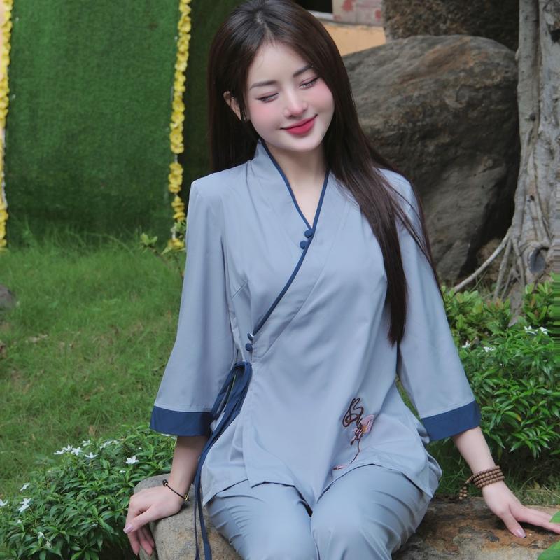 Pháp phục đi chùa cổ V vạt chéo thêu chữ Buông vải lụa trượt Bộ đồ đi chùa đính cúc bọc thắt nơ Đồ lam nữ lụa mềm mát Áo Women Jacket Top 4
