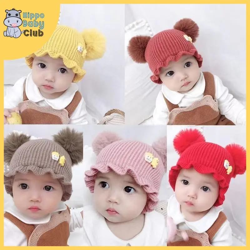 Baby Girls Boy Elastic Ball Warm Casual Caps Headwear Cartoon Print Hats Topi Bayi Baru Lahir