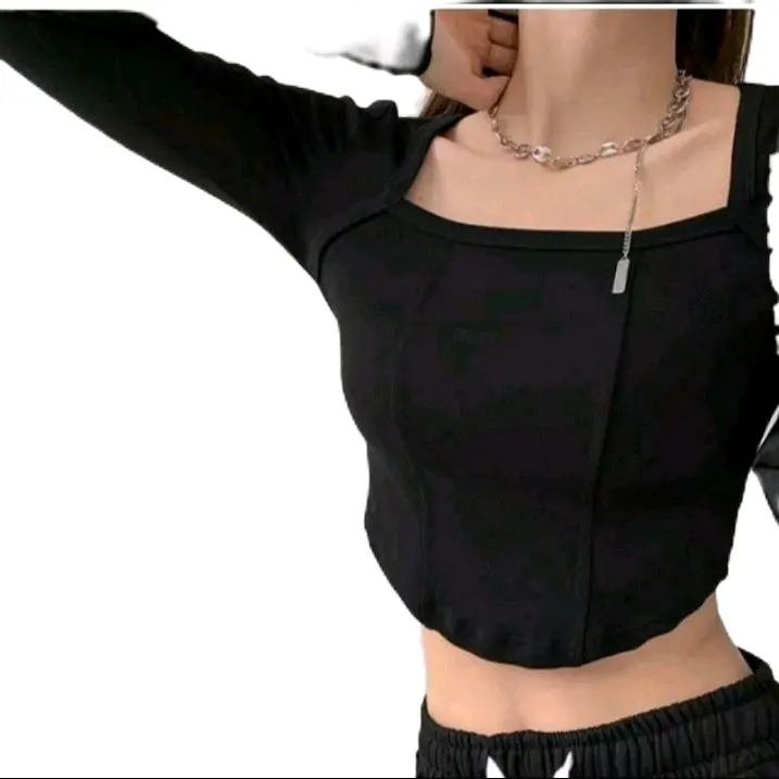 Promo Termurah Crop Lengan Panjang Leher Kotak - Crop Long Sleeve Polos Korea