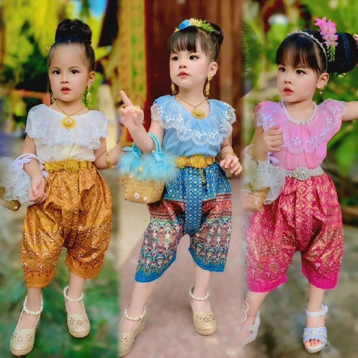 (รหัสSK) ชุดไทยเด็กหญิง (โจงแต่ละรอบอาจจะมีการเปลี่ยนแปลงลายผ้า แต่ยึดโทนสีตามเดิมค่ะ) (ไม่รวมประดับ)