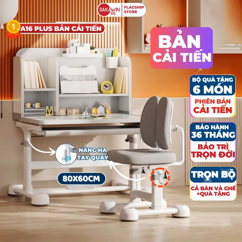 Bộ Bàn học cho bé Sakawin A16 Cải tiến cao cấp Nâng hạ tay quay cả bàn và ghế Tặng bộ quà 6 Món đầy đủ 0