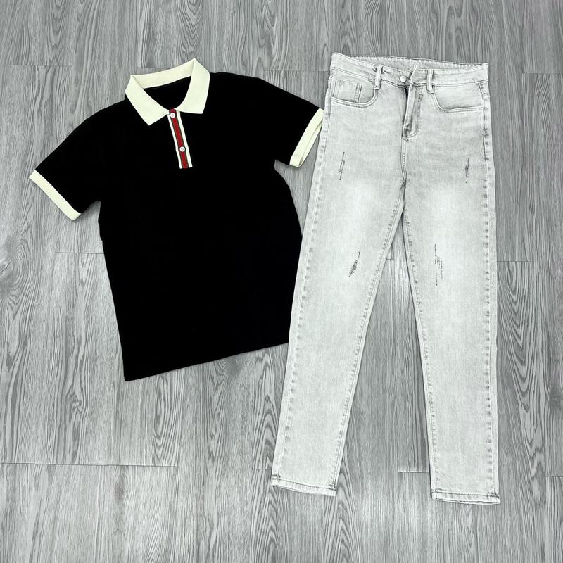 Bộ Áo Polo Nam Phối Sọc Cổ PL31Đ và Quần Jean Nam 1905 Bạc Menswear Pants Có Cổ