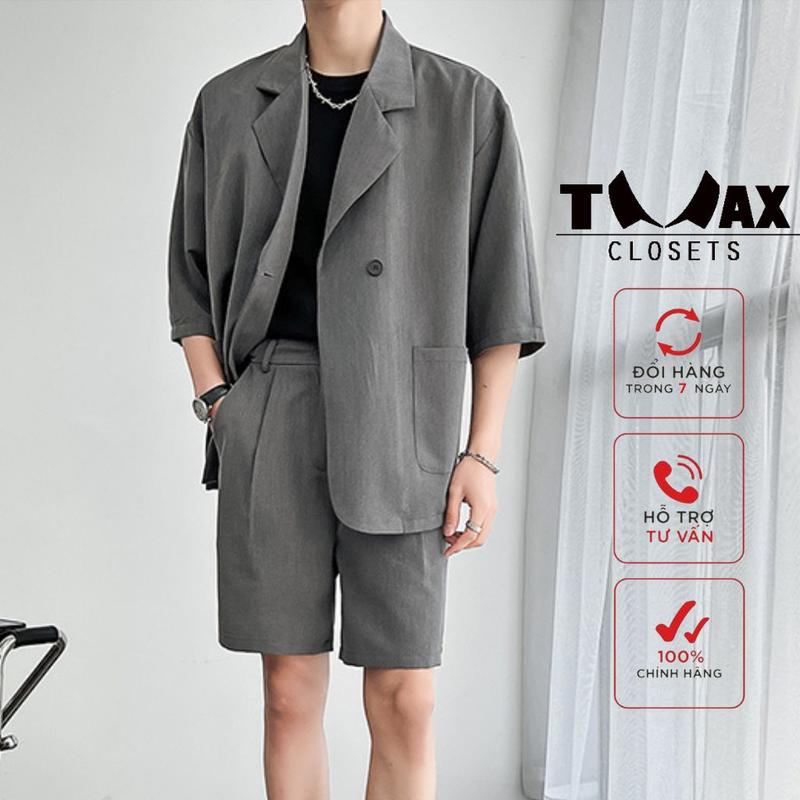 Set bộ quần áo Blazer tay ngắn 1 lớp TMAXCOLSETS - bộ đồ hè thu vest, quần short Unisex,phong cách HÀN QUỐC ,TM-21029 Nam Menswear Đen
