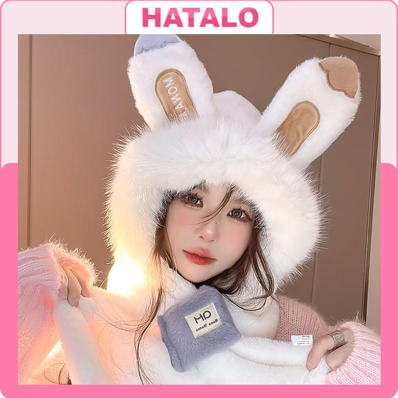 Mũ lông nữ tai thỏ trùm đầu liền khăn mùa đông ấm áp Nón len beanie cute thời trang dễ thương