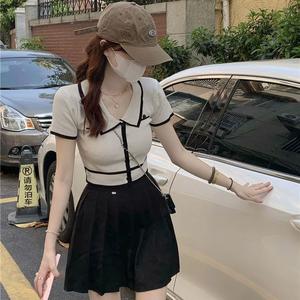 Polo Collar Short Sleeve Knitted Top for Women Summer Short Cropped Elegant Thin Ice Silk T-Shirt Top