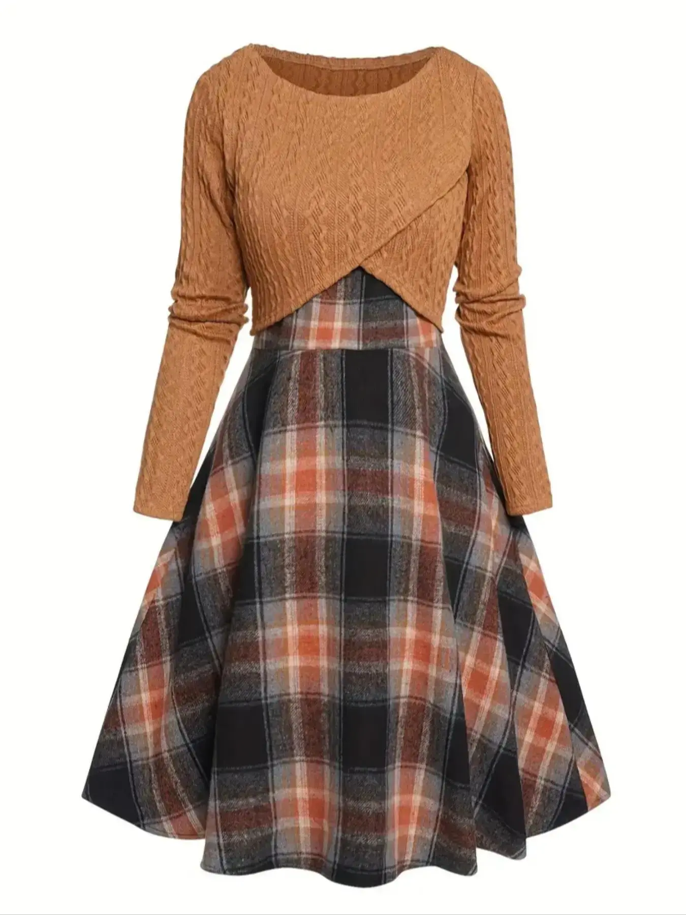 【Plus Size】 Solid Wrap Top & Plaid Print Cami Dress Two-piece Set, Casual Long Sleeve Top & Dress for Daily Outdoor Wear, Women's Clothes for Spring & Fall