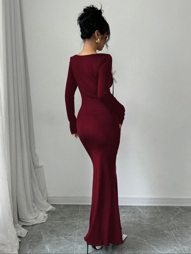 Product Introduction of Women's Plain Floral Decor Long Sleeve Evening Dress, Elegant Fashion Maxi Dress for Party Ball Performance Wear, Women's Dress for Spring Fall 5