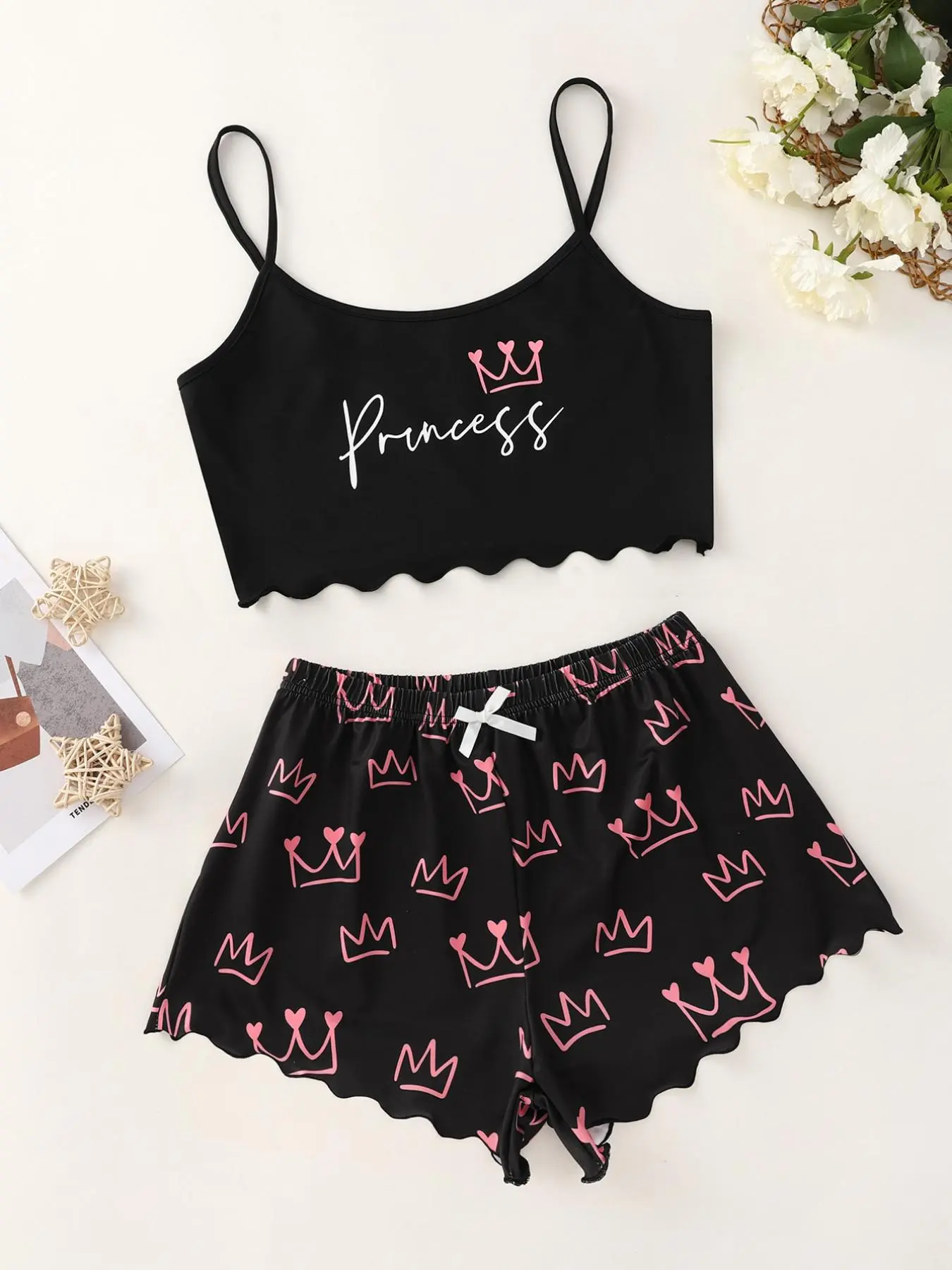 Women's Letter Print Camisole & Stars Print Bow PJ Shorts Loungewear Set, Summer Clothes Women, Lettuce Trim Crop Cami Top & Shorts Pyjama Set for Spring, Comfortable PJ Set, Gyattt Pajamas Womenswear, Lady Homewear Pajama Set