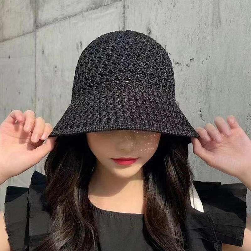Bucket Spring Summer Hollow Knitted Hat Solid Color Sunhat Fisherman Caps Casual Foldable Beach Cap 1