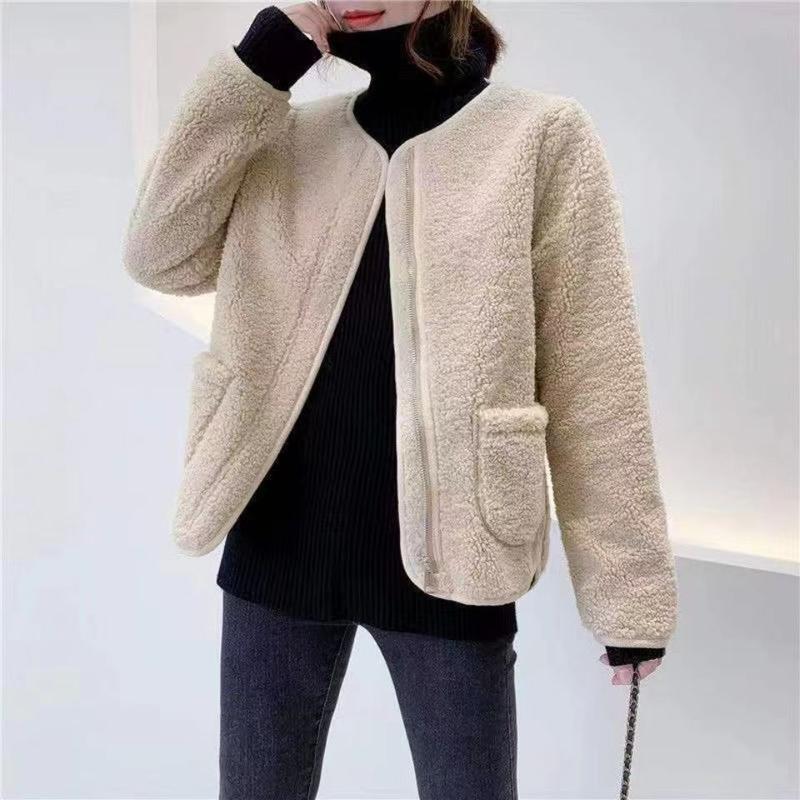 Product Introduction of round Neck New Women's Autumn and Winter Western Style Korean Style Loose Fleece Coat Fleece Short Cardigan Jacket 8