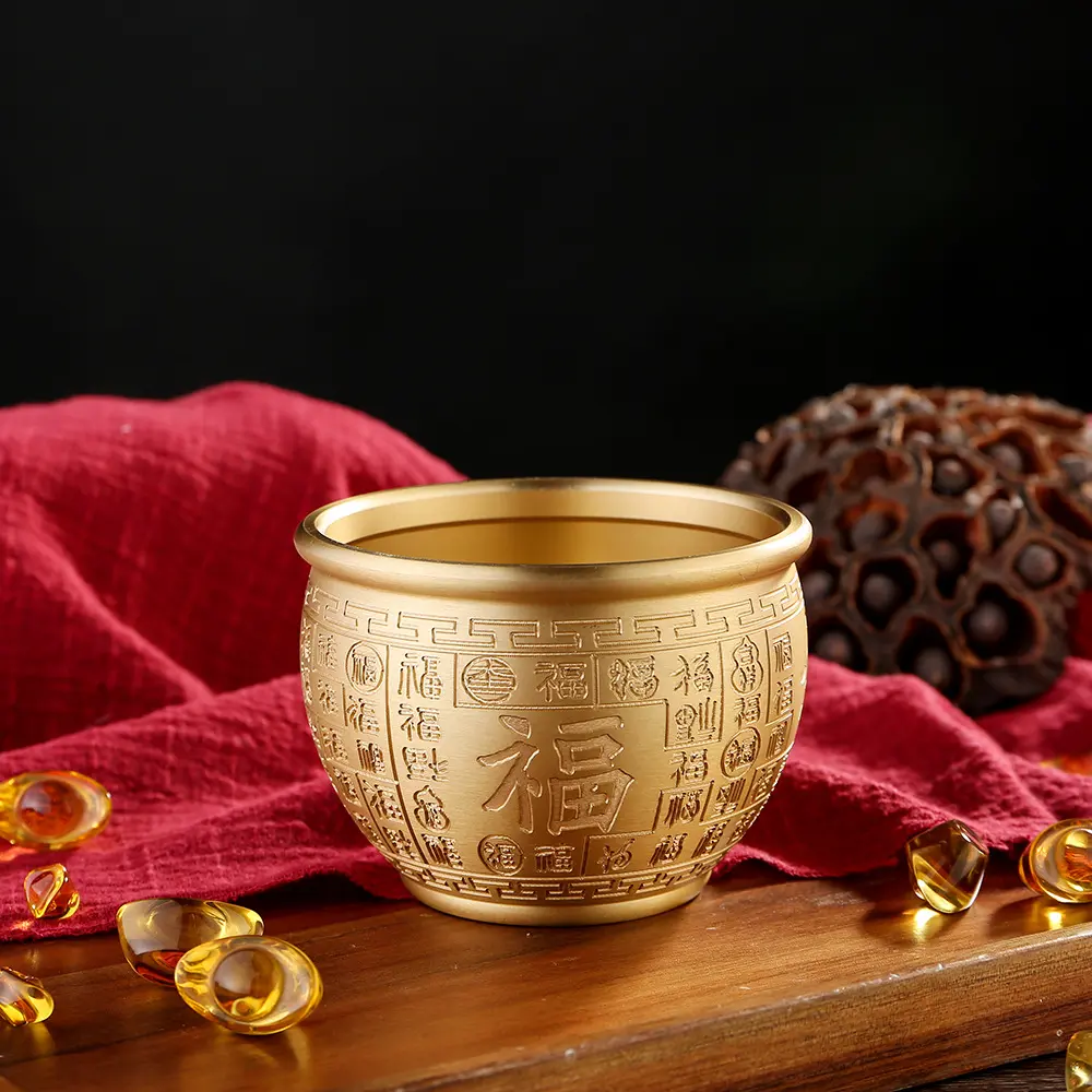 Wholesale Vintage Brass 9.5cm Caliber Carved Baifu Cylinder Recruiting Rice Jinbao Cornucopia Rice Pot Crafts Decoration Easy to Use, Convenient and Clean balang  kuih  raya