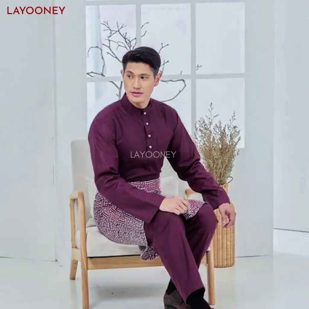 Setelan Baju Melayu Pria Teluk Belanga Bahan Katun Toyobo Satu Set Cekak Musang Pakaian Koko Adat Tradisional Malaysia Riau Ungu Terong Premium