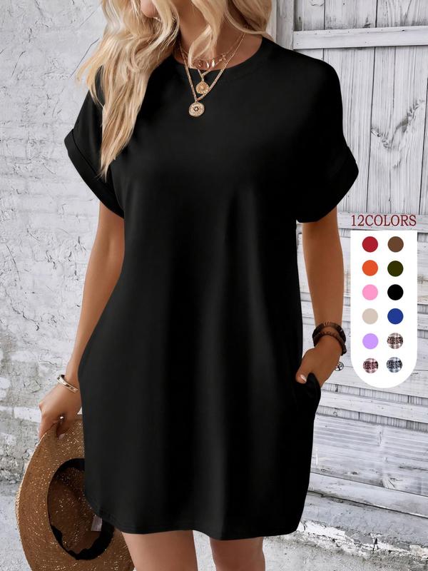 Women's Plain Pocket Round Neck Tunic Dress, The Red Dress, Summer Dresses 2024, Boho Batwing Sleeve Short Sleeve Dress, City Chic Dress UK, Holiday Dresses, Women's Clothing for Beach Vacation, Minimalistic Outfit, Wedding Guest Dress 2