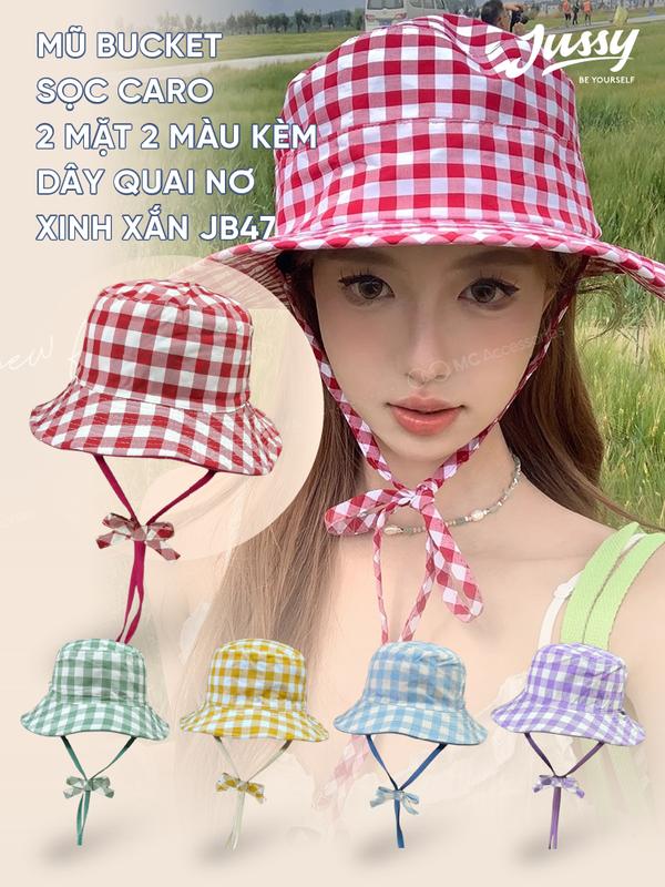Mũ Bucket Sọc Caro 2 Màu Dây Quai Nơ Xinh Xắn JB47 Jussy Official Kiểu Nón Tai Bèo Nữ Đội Được 2 Mặt 2 Kiểu Đa Năng Women Hoa Hat Cap