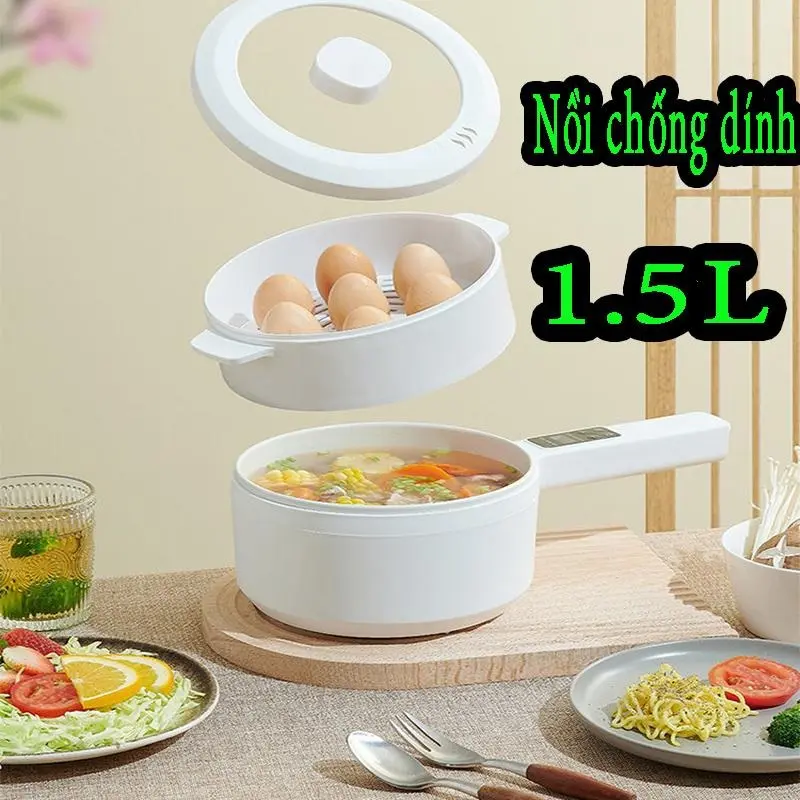 Nồi Lẩu Điện Mini Đa Năng Kèm Giá Hấp, Nồi Điện Chống Dính Dung Tích 1,5L Công Suất 600w nhỏ gọn dễ dàng mang theo Inox Nấu Ăn