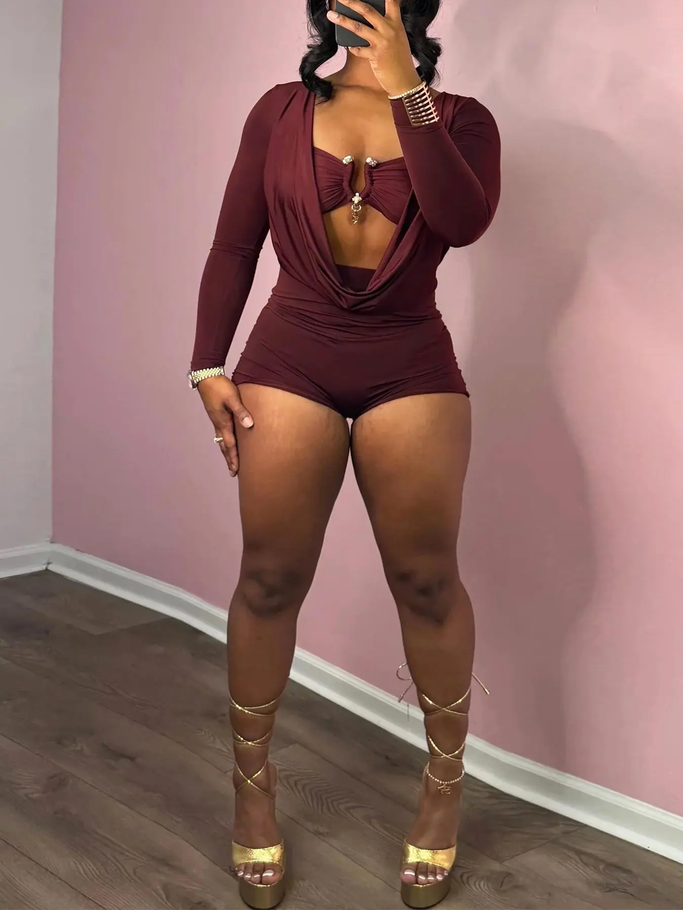 Women's Solid Color Metal Decor Cut Out Romper, Street Fashion Long Sleeve Romper for Nightclub Music Festival, Ladies Summer Clothes